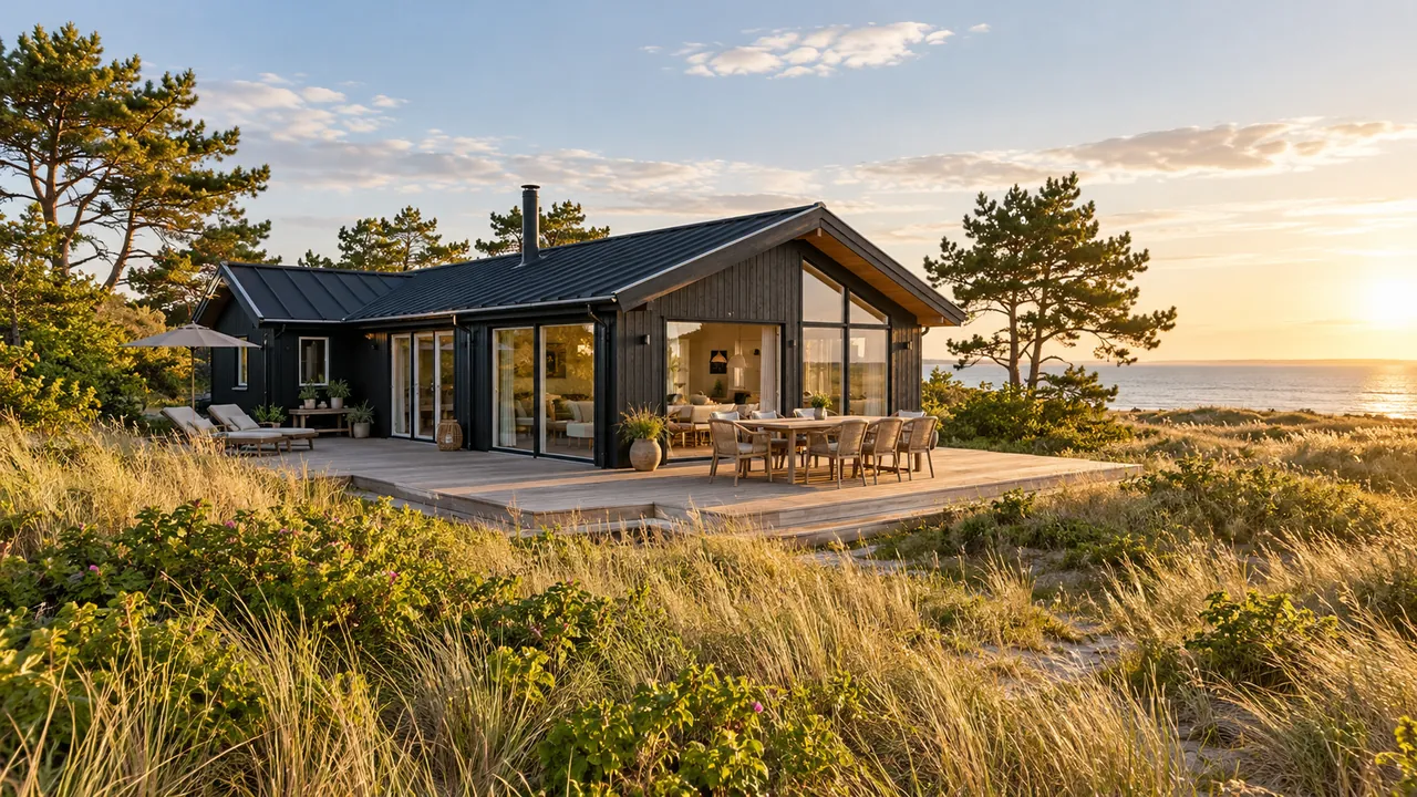 En innbydende hytte med treterrasse ved kysten